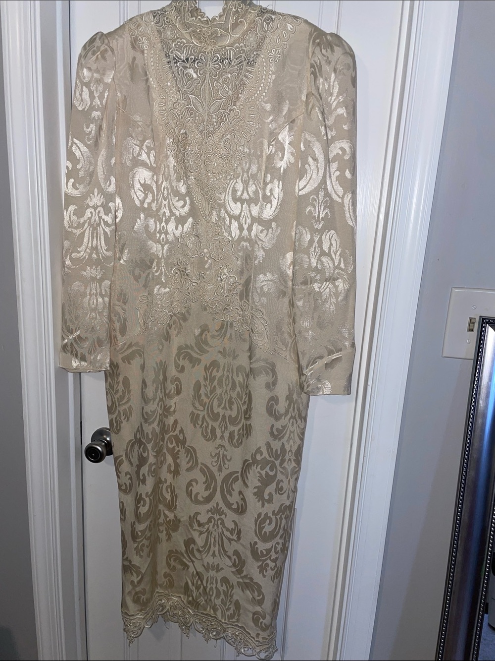 Vintage Jessica McClintock ivory damask dress 1800’s vibe 1980s dress